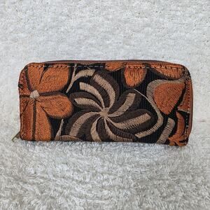 Mexican Handmade Chiapas Loom Floral Embroidered Mocha Leather Embossed Wallet